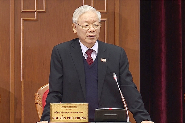 Tổng Bí thư, Chủ tịch nước Nguyễn Phú Trọng tại Hội nghị lần thứ nhất Ban Chấp hành Trung ương khóa XIII diễn ra sáng nay
