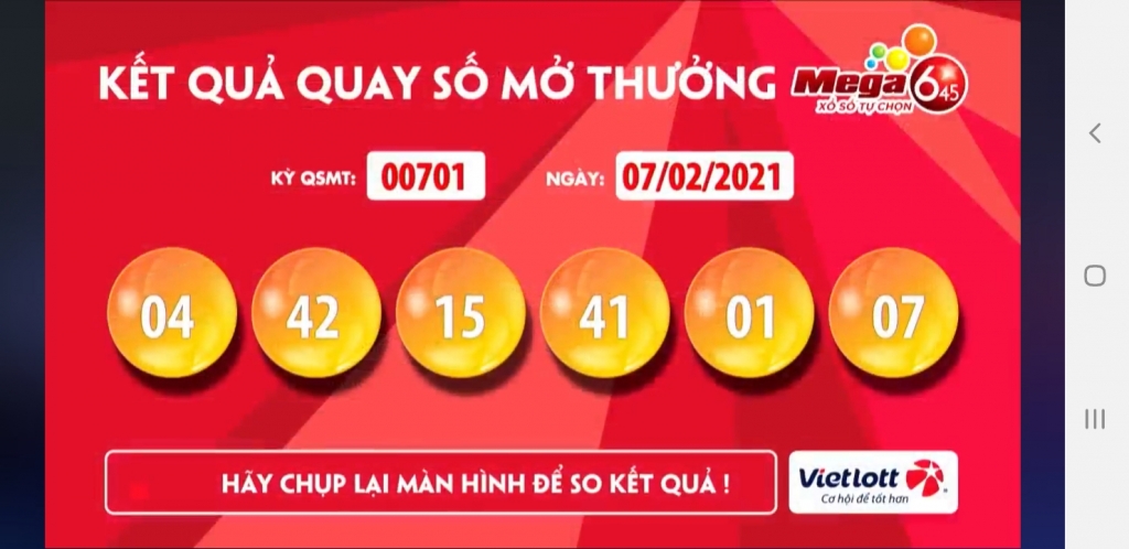 Kết quả xổ số Vietlott ngày 7/2